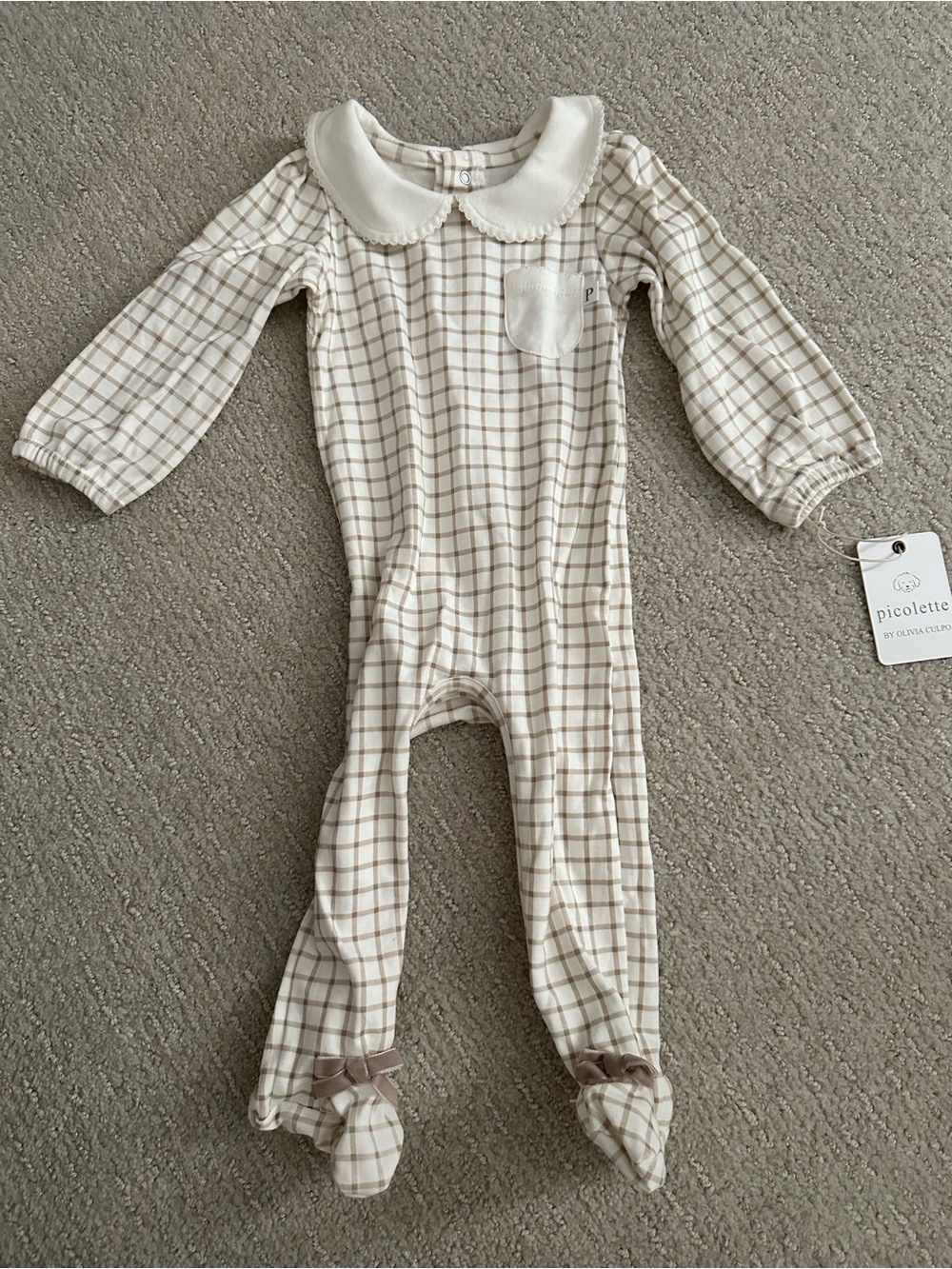 Picolette Cream Plaid Cotton Footed One-Piece for Babies